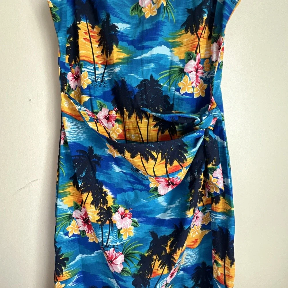 Pacific Legend Sleeveless Faux Wrap Above Knee Dress Women's Sz M Blue Tropical‎
